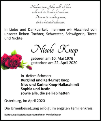 Traueranzeige von Nicole Knop  von Magdeburger Volksstimme