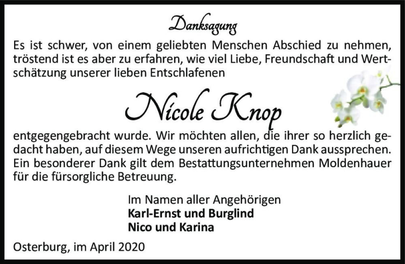  Traueranzeige für Nicole Knop  vom 08.05.2020 aus Magdeburger Volksstimme