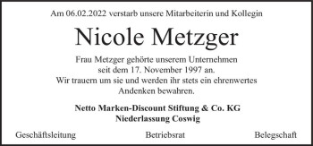 Traueranzeige von Nicole Metzger  von Magdeburger Volksstimme