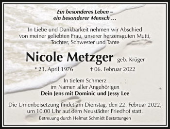 Traueranzeige von Nicole Metzger (geb. Krüger)  von Magdeburger Volksstimme