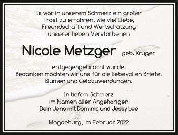 Traueranzeige von Nicole Metzger (geb. Krüger)  von Magdeburger Volksstimme