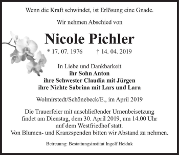 Traueranzeige von Nicole Pichler  von Magdeburger Volksstimme