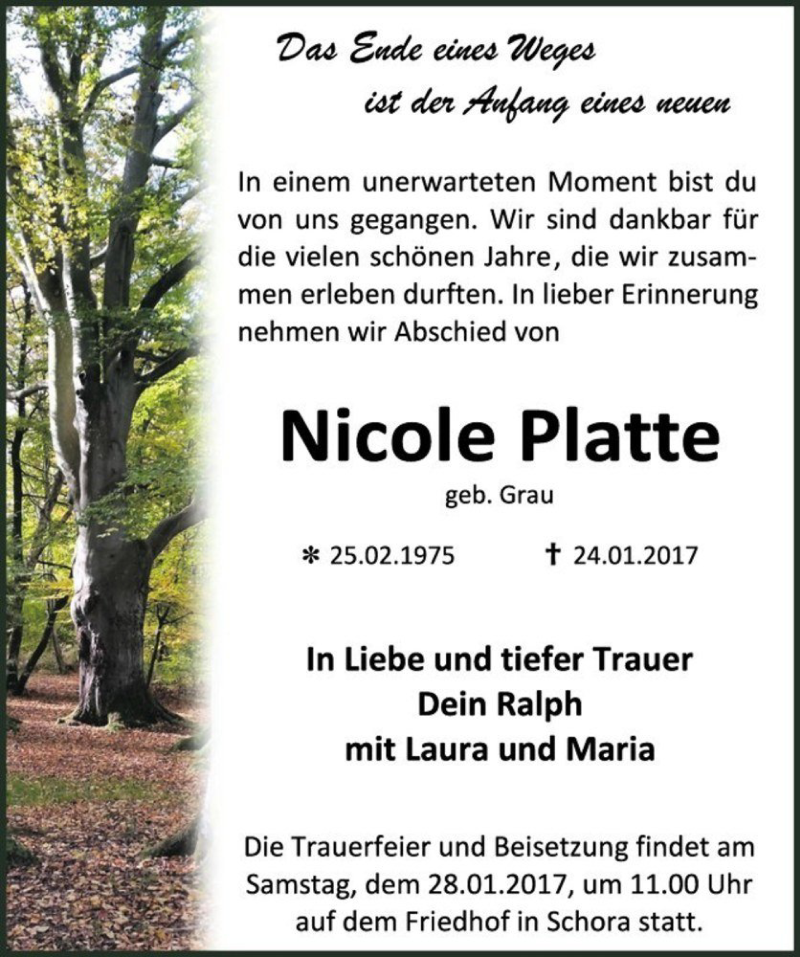  Traueranzeige für Nicole Platte (geb. Grau)  vom 26.01.2017 aus Magdeburger Volksstimme