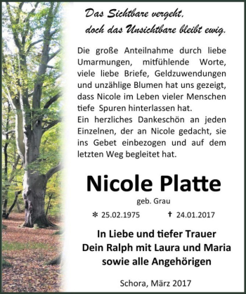 Traueranzeige von Nicole Platte (geb. Grau)  von Magdeburger Volksstimme