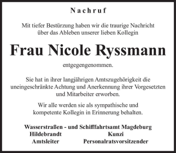 Traueranzeige von Nicole Ryssmann  von Magdeburger Volksstimme