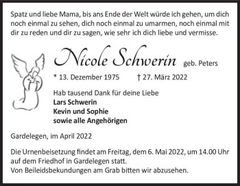 Traueranzeige von Nicole Schwerin (geb. Peters)  von Magdeburger Volksstimme