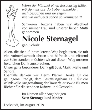 Traueranzeige von Nicole Sternagel (geb. Schulz)  von Magdeburger Volksstimme