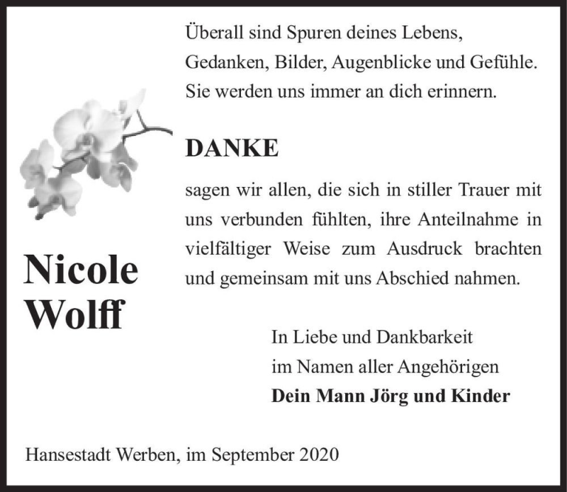  Traueranzeige für Nicole Wolff  vom 09.09.2020 aus Magdeburger Volksstimme