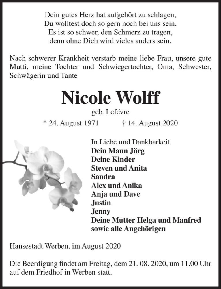  Traueranzeige für Nicole Wolff (geb. Lefévre)  vom 20.08.2020 aus Magdeburger Volksstimme