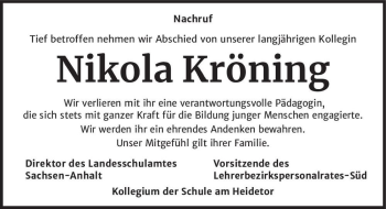 Traueranzeige von Nikola Kröning  von Magdeburger Volksstimme