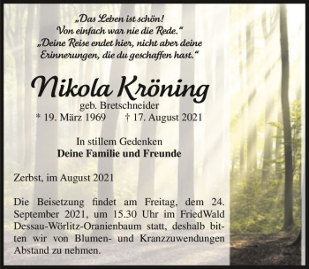 Traueranzeige von Nikola Kröning (geb. Bretschneider)  von Magdeburger Volksstimme