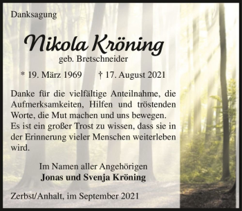 Traueranzeige von Nikola Kröning (geb. Bretschneider)  von Magdeburger Volksstimme