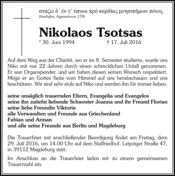 Traueranzeige von Nikolaos Tsotsas  von Magdeburger Volksstimme