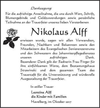 Traueranzeige von Nikolaus Alff  von Magdeburger Volksstimme