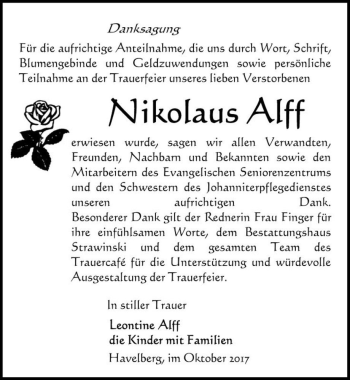 Traueranzeige von Nikolaus Alff  von Magdeburger Volksstimme