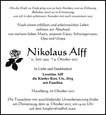 Traueranzeige von Nikolaus Alff  von Magdeburger Volksstimme