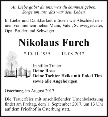 Traueranzeige von Nikolaus Furch  von Magdeburger Volksstimme
