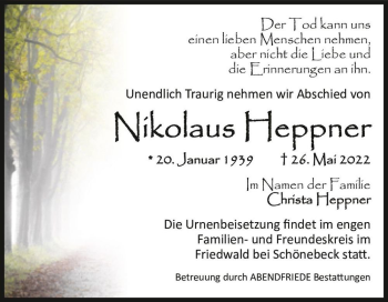 Traueranzeige von Nikolaus Heppner  von Magdeburger Volksstimme