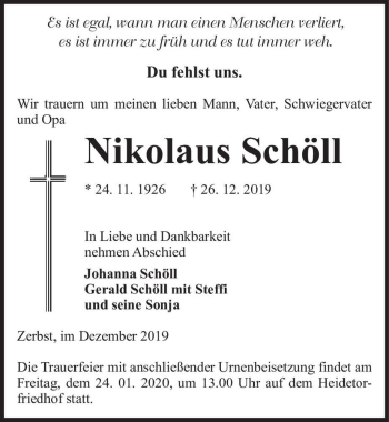 Traueranzeige von Nikolaus Schöll  von Magdeburger Volksstimme