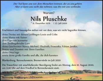 Traueranzeige von Nils Pluschke  von Magdeburger Volksstimme