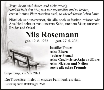Traueranzeige von Nils Rosemann  von Magdeburger Volksstimme