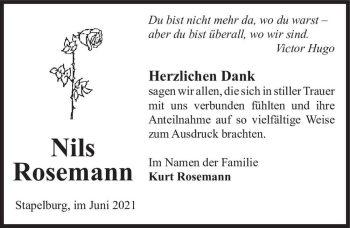 Traueranzeige von Nils Rosemann  von Magdeburger Volksstimme