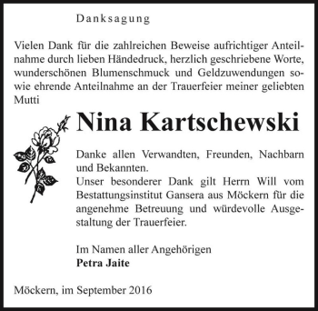 Traueranzeige von Nina Kartschewski  von Magdeburger Volksstimme