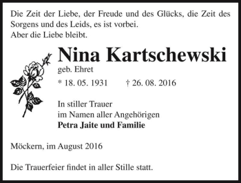 Traueranzeige von Nina Kartschewski (geb. Ehret)  von Magdeburger Volksstimme