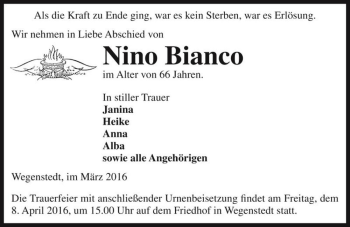 Traueranzeige von Nino Bianco  von Magdeburger Volksstimme