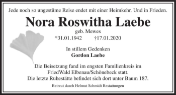 Traueranzeige von Nora Roswitha Laebe (geb. Mewes)  von Magdeburger Volksstimme