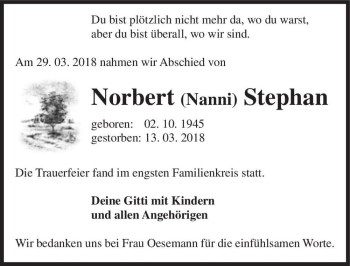 Traueranzeige von Norbert (Nanni) Stephan  von Magdeburger Volksstimme