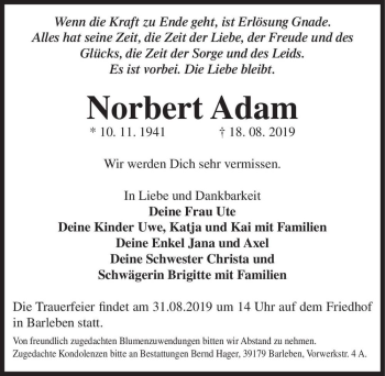 Traueranzeige von Norbert Adam  von Magdeburger Volksstimme