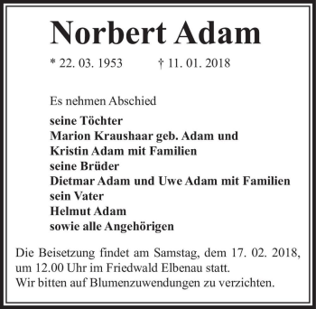 Traueranzeige von Norbert Adam  von Magdeburger Volksstimme