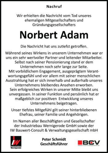 Traueranzeige von Norbert Adam  von Magdeburger Volksstimme