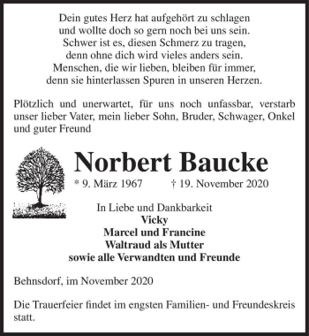 Traueranzeige von Norbert Baucke  von Magdeburger Volksstimme