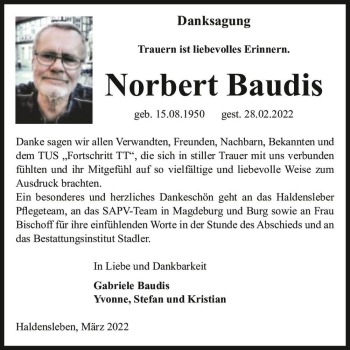 Traueranzeige von Norbert Baudis  von Magdeburger Volksstimme