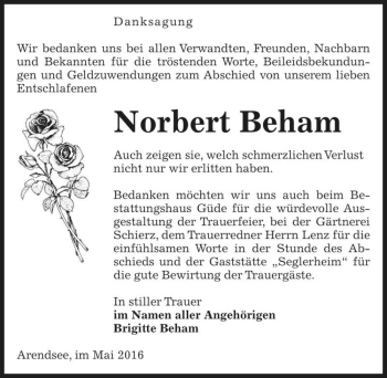 Traueranzeige von Norbert Beham  von Magdeburger Volksstimme