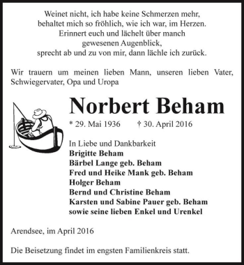Traueranzeige von Norbert Beham  von Magdeburger Volksstimme