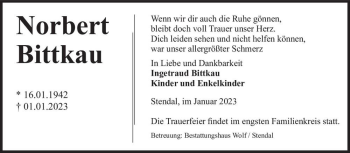 Traueranzeige von Norbert Bittkau  von Magdeburger Volksstimme