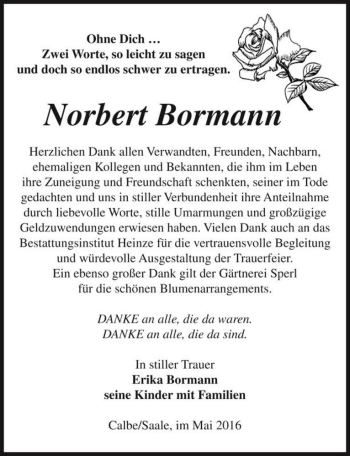 Traueranzeige von Norbert Bormann  von Magdeburger Volksstimme