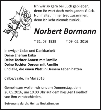 Traueranzeige von Norbert Bormann  von Magdeburger Volksstimme