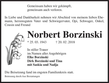 Traueranzeige von Norbert Borzinski  von Magdeburger Volksstimme