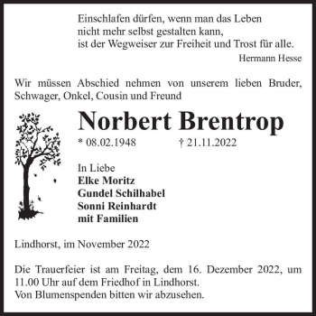 Traueranzeige von Norbert Brentrop  von Magdeburger Volksstimme
