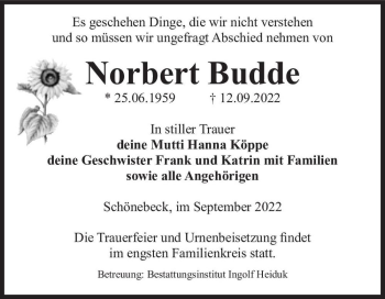 Traueranzeige von Norbert Budde  von Magdeburger Volksstimme