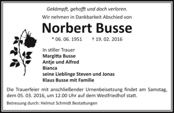 Traueranzeige von Norbert Busse  von Magdeburger Volksstimme