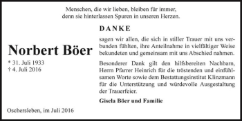 Traueranzeige von Norbert Böer  von Magdeburger Volksstimme