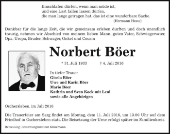 Traueranzeige von Norbert Böer  von Magdeburger Volksstimme
