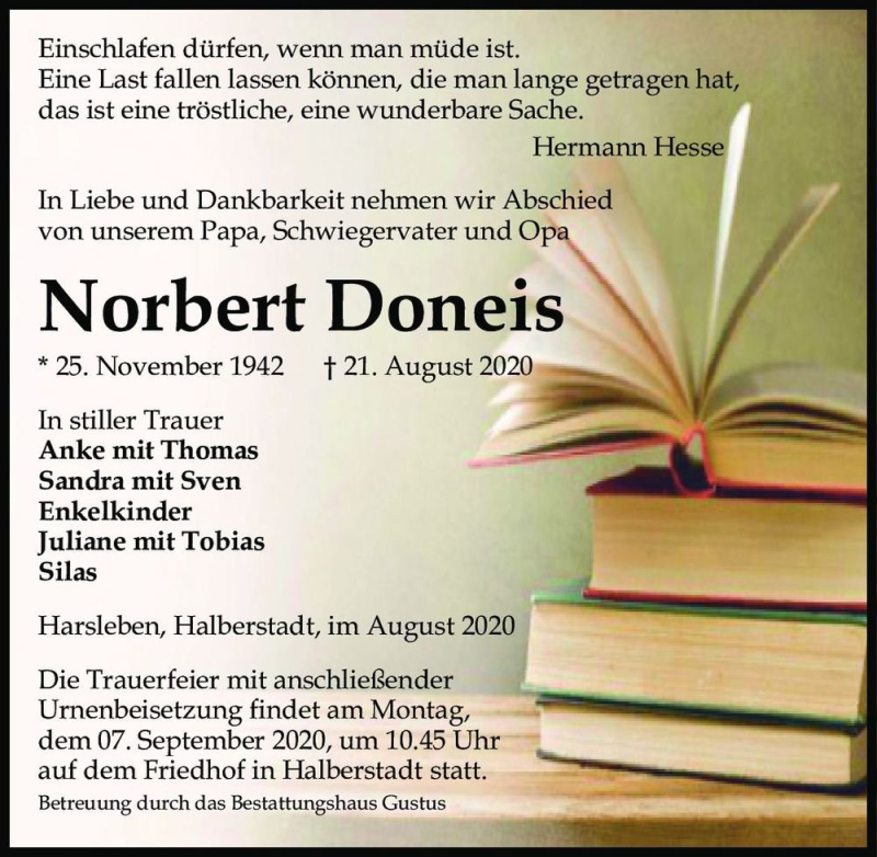  Traueranzeige für Norbert Doneis  vom 29.08.2020 aus Magdeburger Volksstimme