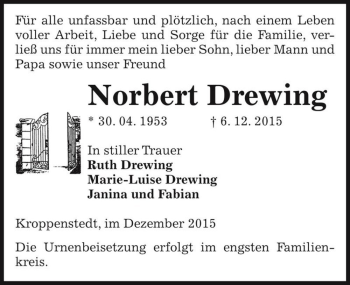 Traueranzeige von Norbert Drewing  von Magdeburger Volksstimme