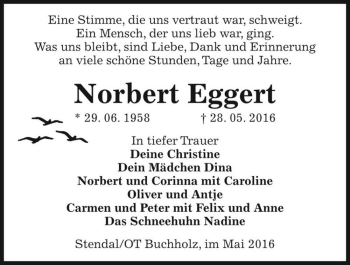 Traueranzeige von Norbert Eggert  von Magdeburger Volksstimme